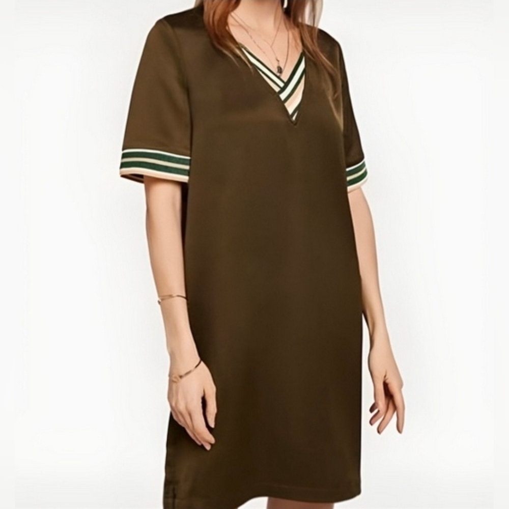 Scotch & Soda Olive Satin Shift Dress with Green & White Trim Small